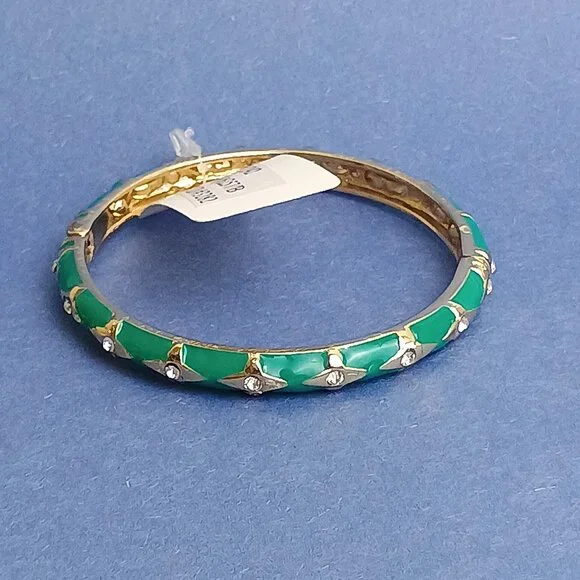 Quadruple Star Pattern Emerald Green Enamel Hinge Bangle Skinny Bracelet - Picture 2 of 5